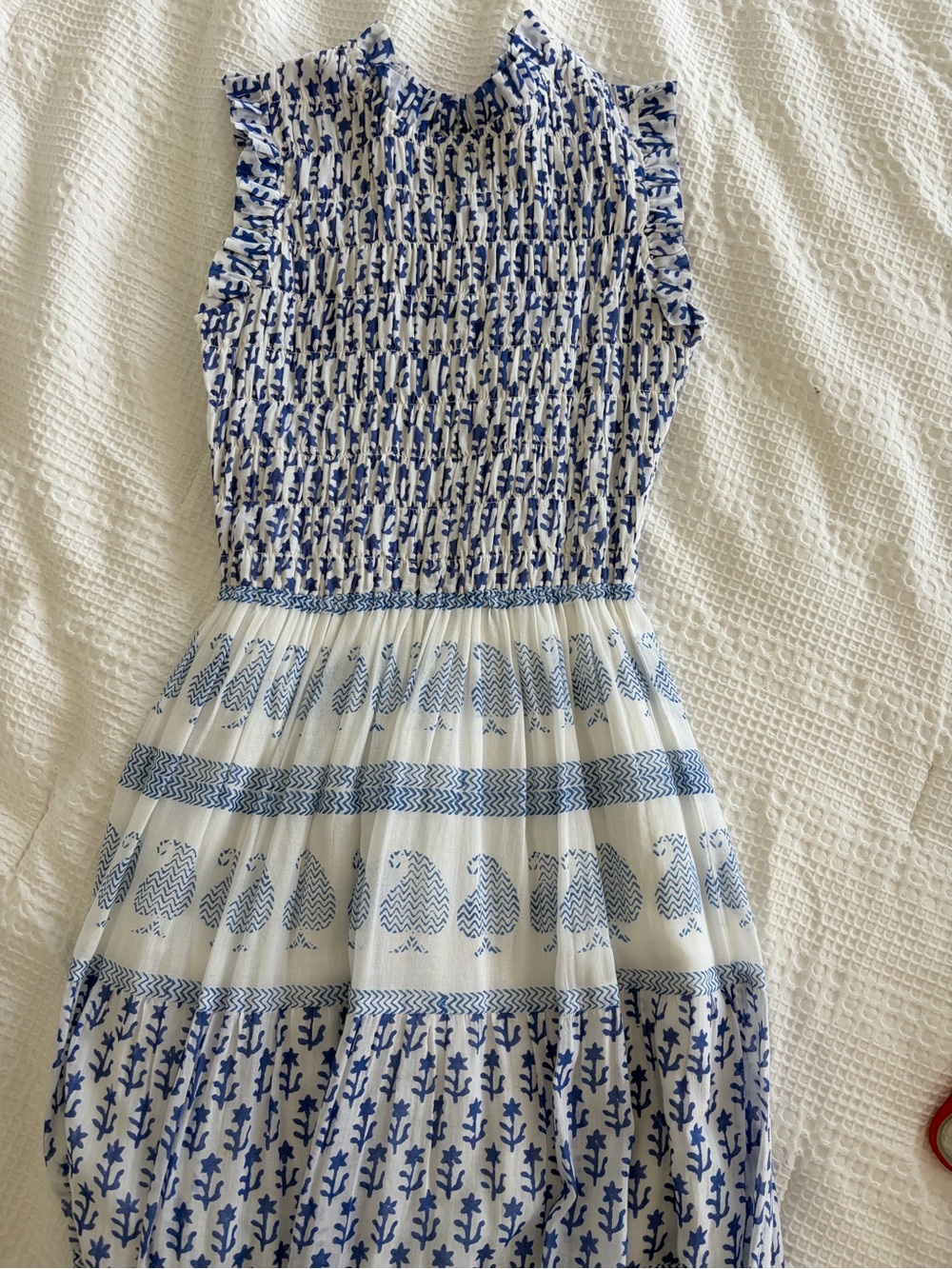 Oliphant Blue & White Printed Sleeveless Smocked Dress